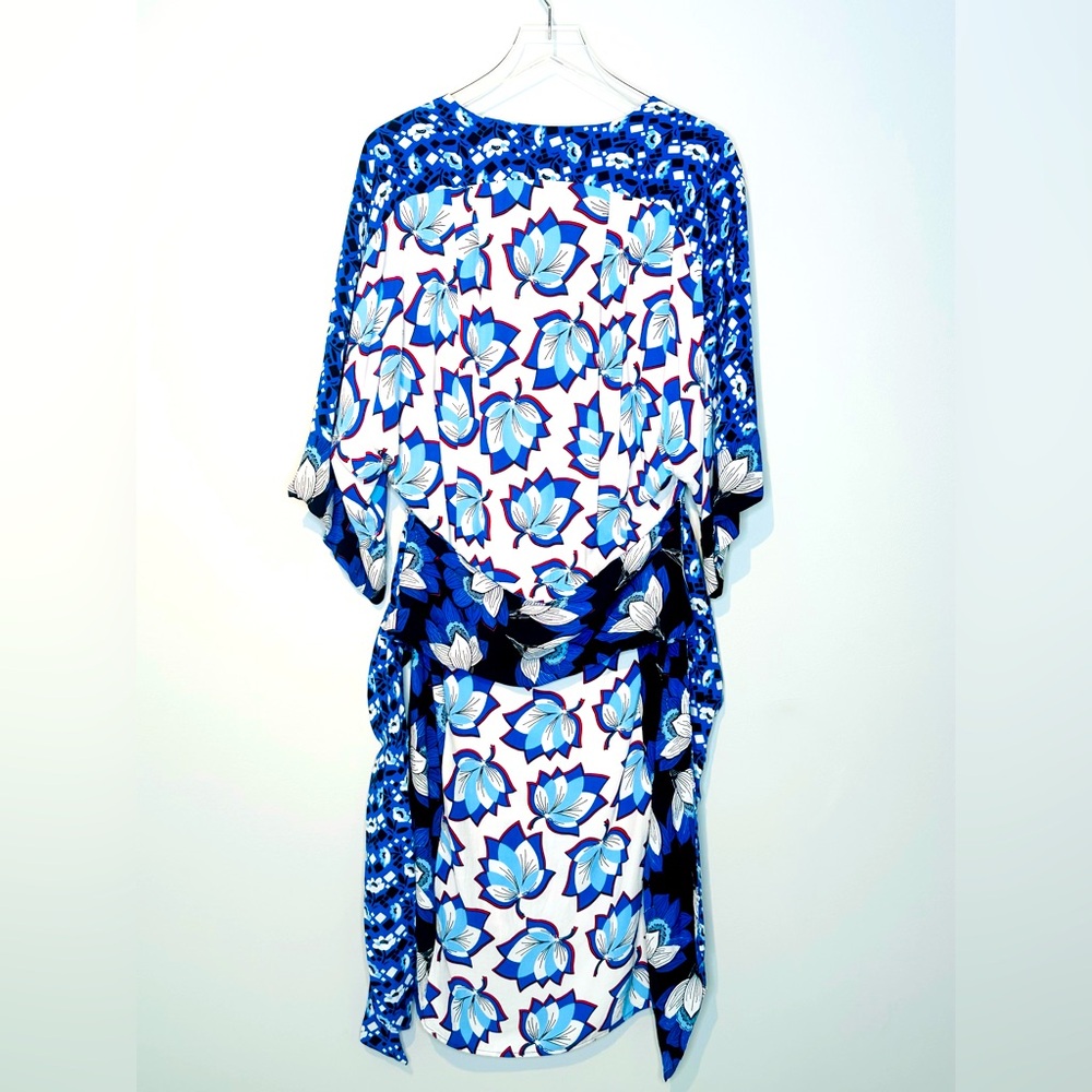 Warm Leaf Kimono Printed Midi Waist Tie Blue White Dress Size 0 - Picture 4 of 16